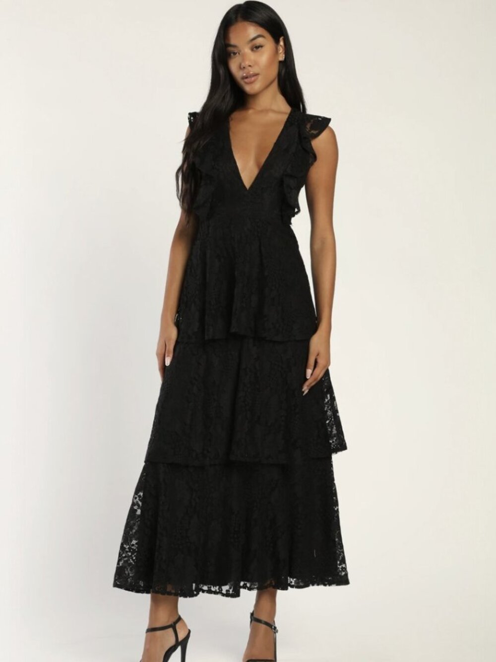 Lulus Molinetto Black Lace Ruffled Tiered Sleeveless Maxi Dress NWT - Picture 2 of 9